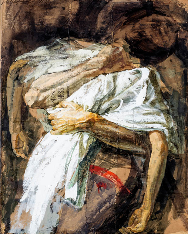 Abbraccio (2003), tempera e collage su tela